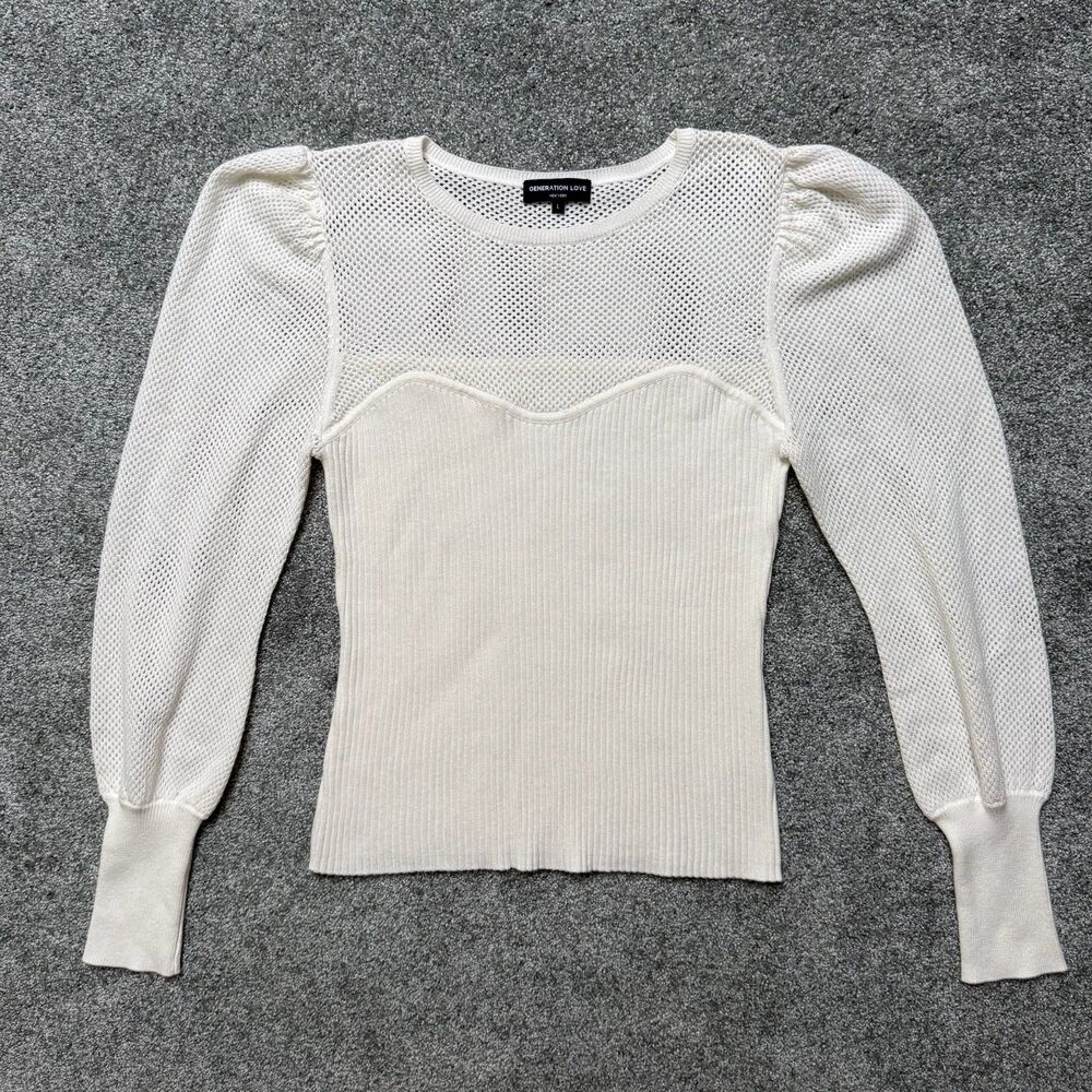 Generation Love Womens White Puffy Ballon Long Sleeve Knitted Cotton Top Size L